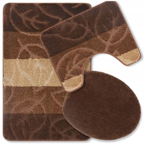 Decorator HOME Badteppich Set 3-TLG. Braun/Beige Leaves – rutschfest & Weich, Badematte für Badezimmer Teppich 50x80 cm & 50x40 cm - Ideal für Fußbodenheizung
