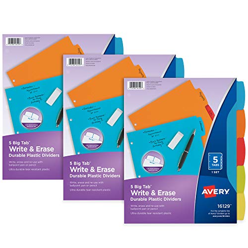 Image of Avery Durable Plastic 5-Tab Write & Erase Big Tab Dividers for 3 Ring Binders, Pastel Brights (16270) & Big Tab Write & Erase Durable Plastic Dividers, 5-Tab Set, Multicolor Brights, 3 Sets (21212)