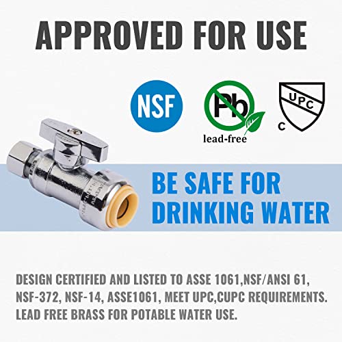 Sungator Straight Shut Off, 12-Pack Push Fit Water Stop Valve 1/2" Ptc X 3/8" Compression With Disconnect Clip, Push-To-Connect, Pex, Copper, Cpvc, Pe-Rt, 1/4 Turn On/Off, No Lead Brass #TOP1