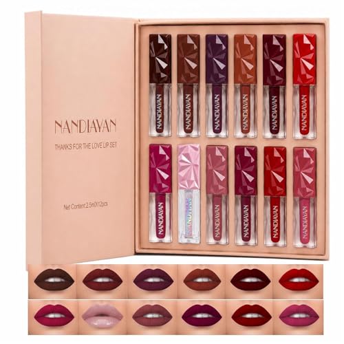 Image of Nandiayan 12Pcs Velvet Matte Liquid Lipstick Set of 12 (30 ml), Waterproof Long Lasting Quick-drying Non-Stick Cup Light Lip Kit |Smudge-Proof Transfer-Proof Lipsticks For Women | Light shades