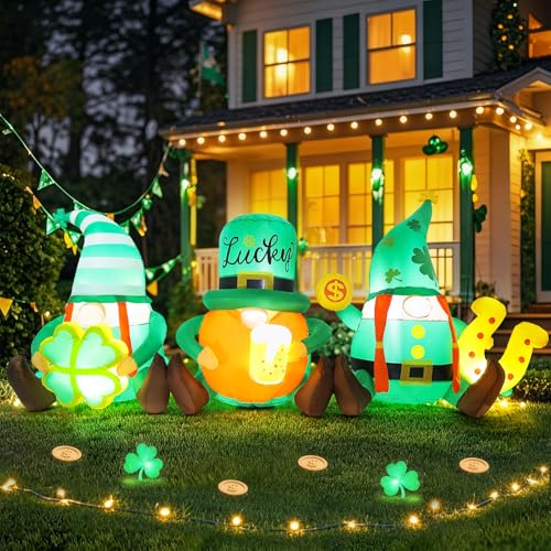 Boveco 7.6FT Gnomes St Patricks Day Inflatables Outdoor Decorations Blow Up Leprechauns with Built-in LED Lights Three Gnomes Decor Clover Beer Mug Gold Coin Horseshoe for Porch Party Holiday
