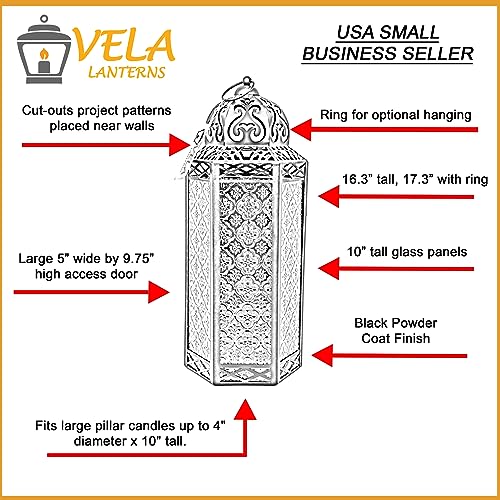 VELA LANTERNS 16" Extra Large Large Black Metal Decorative Floor Moroccan Lantern Candle Holder Lamp - Indoor/Outdoor, Home Decor, Patio, Weddings, Ramadan Decor, Clear