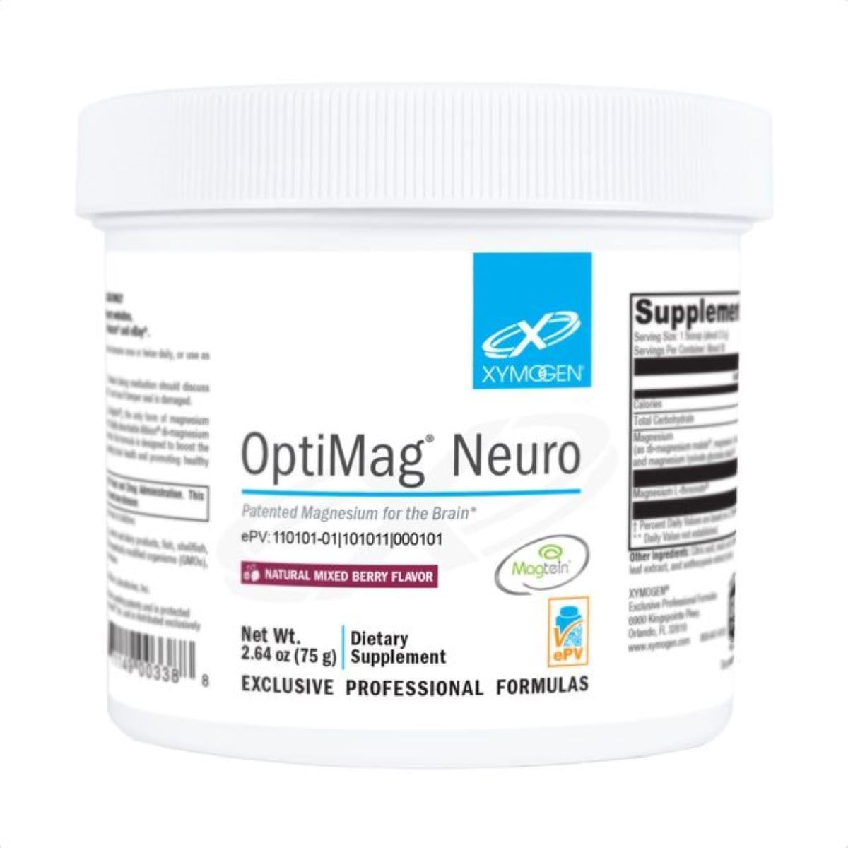 XYMOGEN OptiMag Neuro - Brain Health & Relaxation Support - Magnesium Glycinate & L-Threonate - Chelated Magnesium Powder - Mixed Berry Flavor - 2.64 Oz
