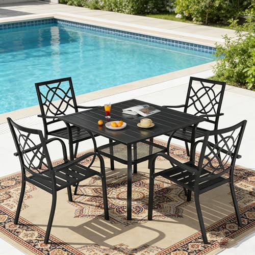 SUNCROWN 5-Piece Outdoor Wrought Iron Chairs and Table Patio Dining Furniture Set - 4 Stackable Metal Chairs, 1 Steel Slat Bistro Table for Garden Backyard Deck