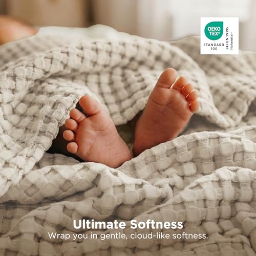 Image of Bedsure Cooling Cotton Waffle Queen Size Blanket - Lightweight Breathable Soft Blanket of Rayon Derived from Bamboo for Hot Sleepers, Luxury Throws for Bed, Couch and Sofa, Linen, 90x90 Inches