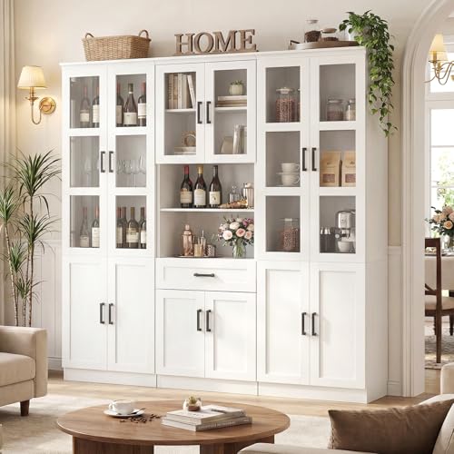 Unikito 79.7 Tall Kitchen Pantry Storage Cabinet Freestanding Kitchen Hutch Cabinet with Tempered Glass Door Adjustable Shelves and Drawer Large Display Bookcase for Living Room Dining Room White