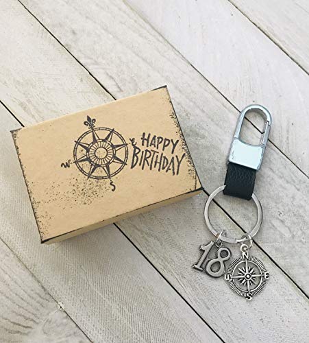 Compass 18th Birthday ~ Black Leather Keepsake Genuine Leather Key Chain with Gift Packaging for Boy or Girl 18 Birthday Gift The Journey is The Destination