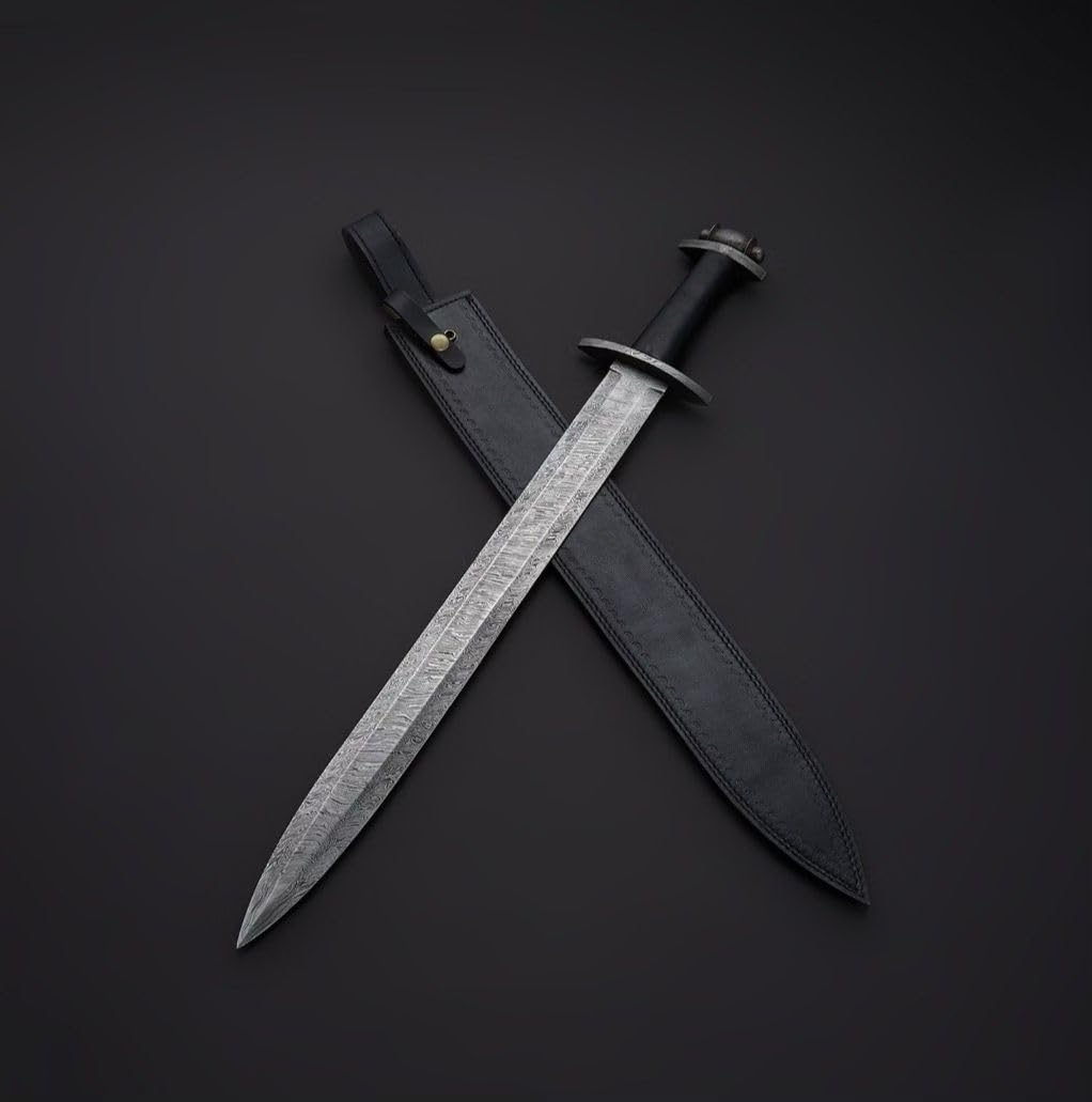 Empire - 27 Inch Long Handmade Damascus Steel Double Edge Hunting Sword with Sheath - Micarta Grip - Sharpe Edges - Hunting Sword - Hand Forged Falchion Sword - Best Gift for Him