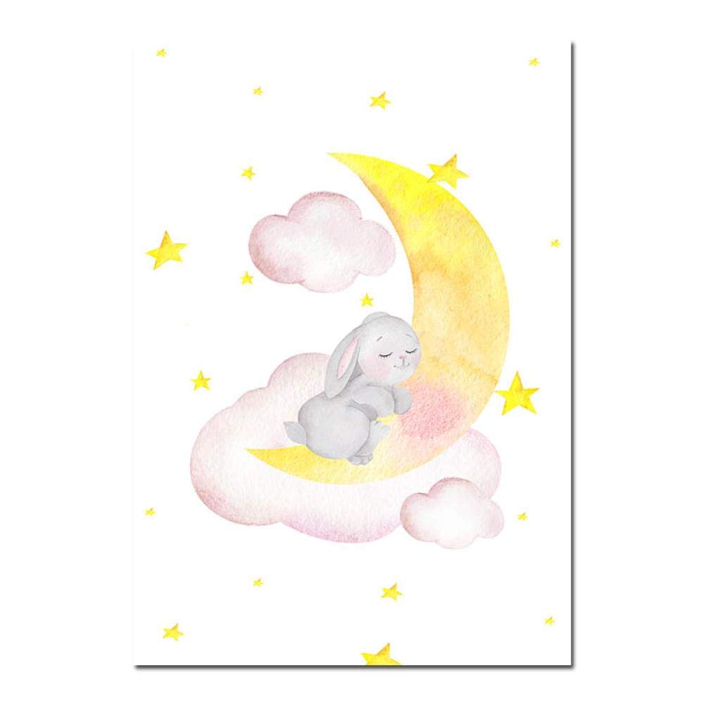 Enfants Affiche Animal Lapin Lune pépinière Mur Art Toile Impression Peinture Photo Nordique Enfant bébé Chambre décoration 20x30 cm (8x12in) x3 Cadre