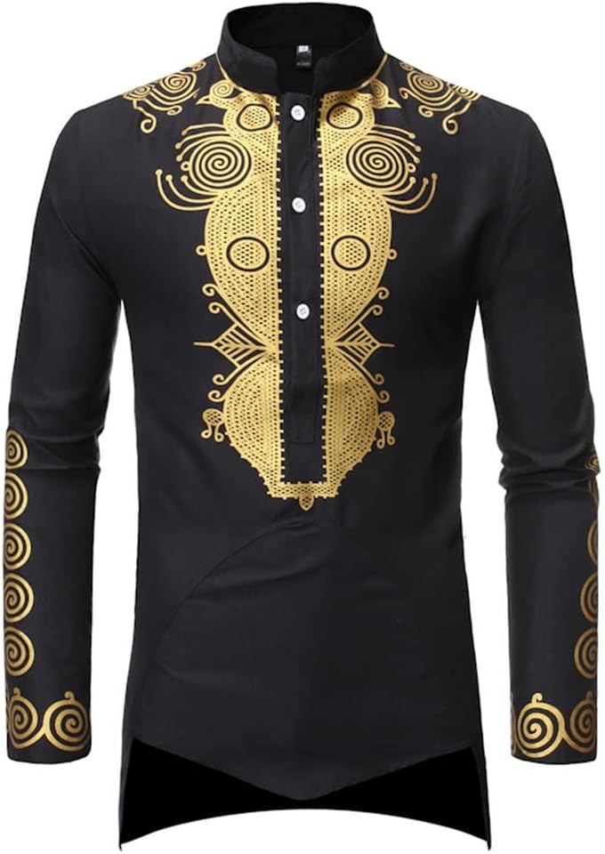 YANKIA Men's African Long Sleeve Shirt Print Dashiki Traditional Tribal Clothing Slim Fit Wear Dress Stand Collar Tops (Color : Black, Size : Large)