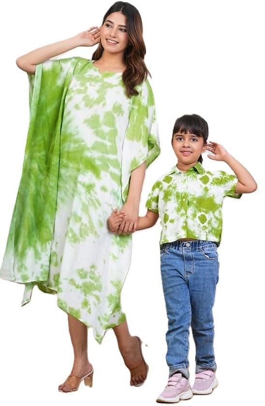 Image of Maaesa Women & Girls Mother Daughter Matching Kaftan Combo || Crepe Rayon Tie-Dyed Kaftan || Casual Wear || Family Twinning Outfit