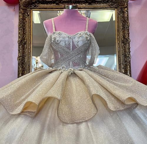 Boho Cold Shoulder Glitter Gold Fabric Flower Patterns Ball Gown Prom Quince Dresses Asymmetical Puffy Skirt 20253