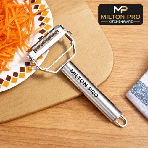 Image of MP Milton PRO 2 in 1 Stainless Steel Julienne Vegetable Peeler Multi-Functional Fruit & Veggie Shredder Slicer and Grater for Potatoes, Carrots, Cucumbers (Silver, 18 x 8.2 x 2.3 cm)