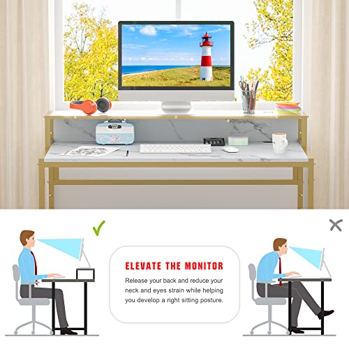 Image of Teraves Computer Desk with 5 Tier Shelves,Reversible Writing Desk with Storage 49 Inch Study Table for Home Office Independent Bookcase and Desk for Multiple Scenes (White Marbling+ Gold Frame)
