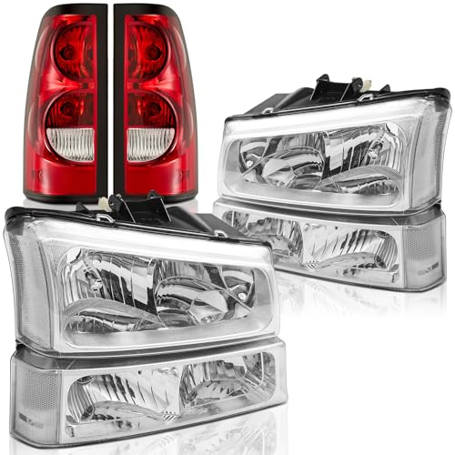 Headlights and Taillights Assembly Combo for 2003-2006 Chevy Silverado 1500 2500 3500 & 2007 Chevy Silverado Classic Replacement Head/OE Factory Style Red Rear Brake Tail Lights Lamps,Chrome Clear