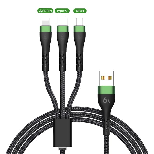 AEsmart - 6A 66W 3 in 1 Fast Сһаrɡе USB Cable For Huaweis For iPhones 13 Pro 3in1 2in1 Fast Super 8 Pin Micro USB Type C Cable For Samsungs (Green 2m)