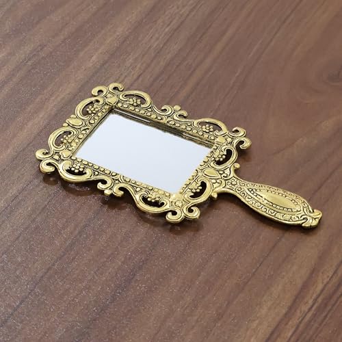 Image of KridayKraft Beautifully Carved Square Shape Gold Plating Metal Hand Mirror for Makeup, Travelling, Salon Mirror & Decorative Antique Item, framed