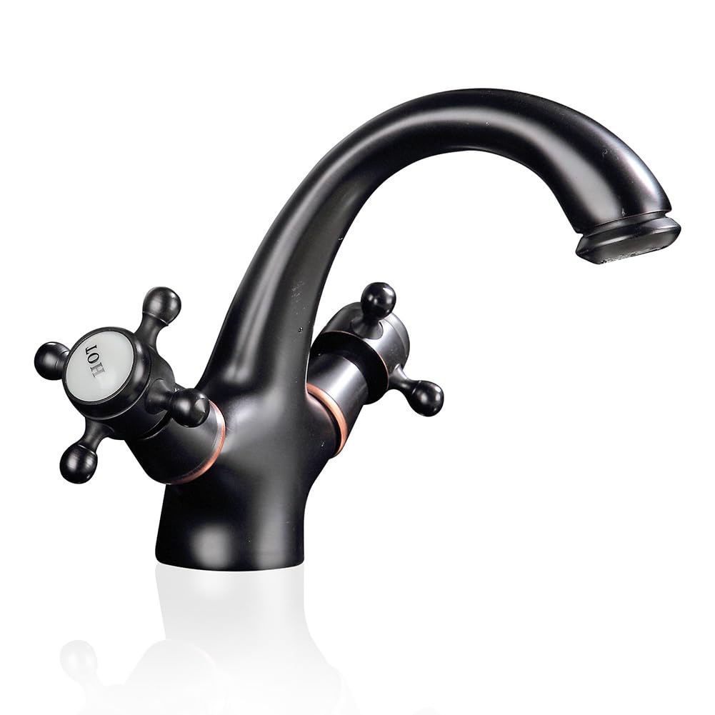 Lakkoakoaa A Basin Taps Bathroom Basin Tap Ntique Style Brass Dual Lever Bathroom Sink Mixer Faucet, Hot/Cold Water, With Uk Standard Hoses, Black