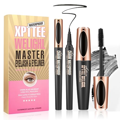 4D Mascara und Eyeliner Set, Wimperntusche Wasserfest mit Kajalstift Schwarz, Länger, Dicker und Langlebiger Mascara, Anti-Schweiß, Anti-Flecken für Holen Sie Sich Das Perfekte Augen-Make-up