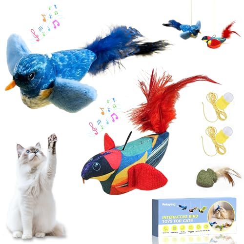 Petayouj 2-Pack Realistic Chirping Bird cat Toy - Soft Interactive Plush Bird Toy Infused with CatnipCat Enrichment Toys for Indoor CatsPhysical Sound RedBlue