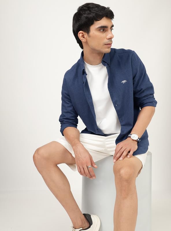 Image of Andamen Men Premium Button-Down Collar Solid Cotton Casual Shirt Navy