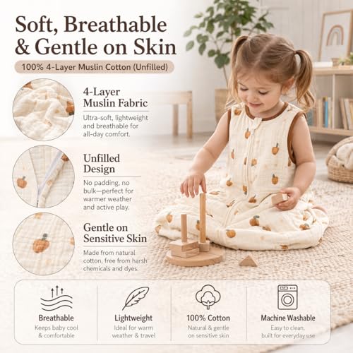 Image of Toddler Sleeping Sack 3-5 Years - Muslin Cotton Wearable Blanket, Sleeveless, Lightweight, Breathable, Roomy Fit, 0.8-1.0 TOG