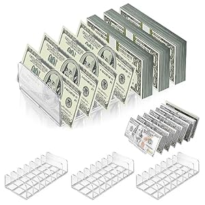 4 Pack Acrylic Money Organizer Cash Trays 7 Sections Clear Dividers Desk Organizer for Cash Envelope Mail Bill Card Makeup Palette and Other Small Items.