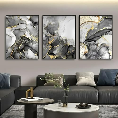 Peinture murale abstraite paysage poétique or et marbre, triptyque de toiles inspirantes pour la maison