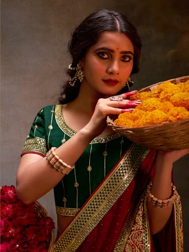 Image of AKHILAM Women's Pink Satin Silk Embroidered Saree with Unstitched Blouse Piece (SANCHI3001 SUM Parent)