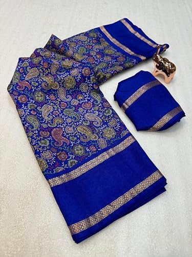 Image of Kalamkari Floral Prints Dola Silk Saree With Rich Zari Border Designer Pallu Attach Blouse Piece