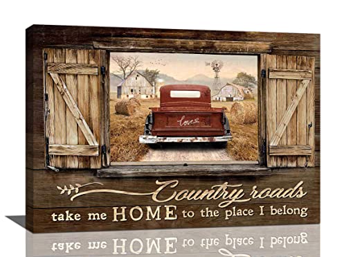 remzoke Farmhouse Wall Art Rustic Truck Pictures Wall Decor Country Old Barn Landscape Canvas Painting Prints Country Roads Take Me Home Modern Artwork Home Decor for Bedroom Living Room 24''x16''
