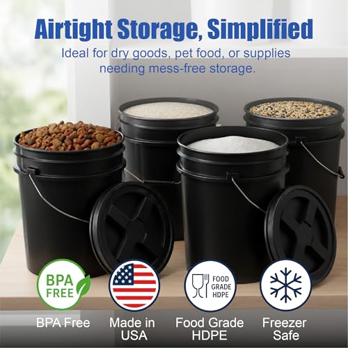 Image of ePackageSupply 5 Gallon Bucket - Food Grade Bucket BPA-Free, Black, 6 Packs | Metal Handle Grip, Heavy-Duty 90 Mil HDPE Plastic Pail, Food Safe Stackable Utility Container, Lid Not Included, Made in USA
