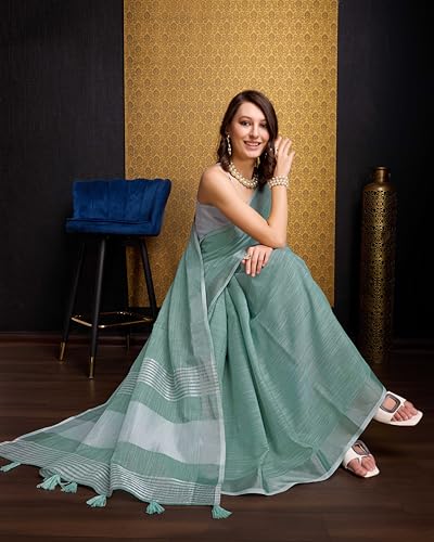 Image of SWORNOF Women's Linen Cotton Silk Saree with Unstitched Blouse Piece | Saree for Women | Saree with Blouse Piece | Soft and Skin Friendly