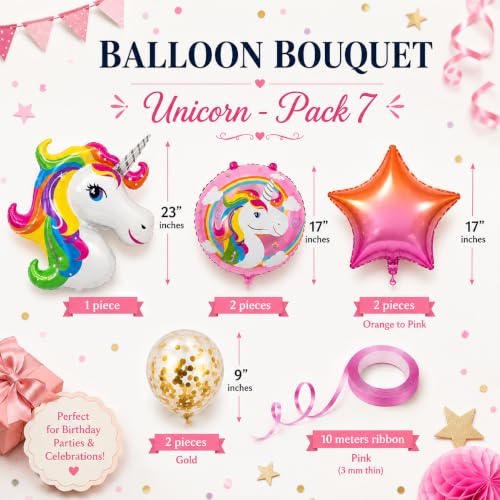 Image of AMFIN (Pack of 7) Unicorn Theme Birthday Balloon Bouquet Pink Multi Confetti Metallic Finish Foil Women Girls Decoration Item Kit Head Rainbow