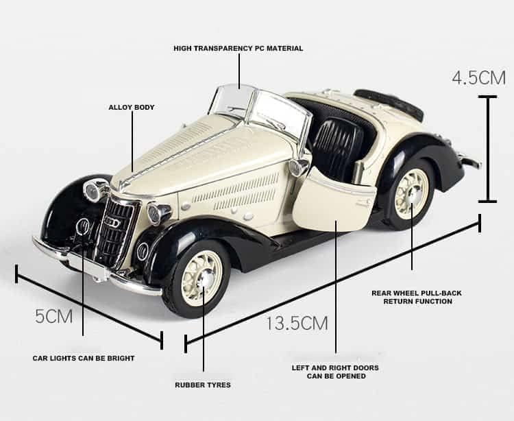 Image of SPITEN 1936 Mercedes-Benz 500 K Vintage Cars 1:32 Diecast Scale Model Alloy Metal Pull Back Toy car for Kids with Openable Doors & Light, Music Toy Vehicle for Kids - Colors as Per Stock