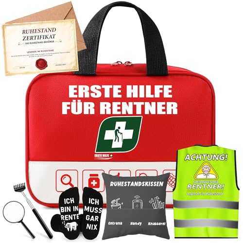 Rentner Geschenk Männer, Renteneintritt Geschenk Set mit Erste Hilfe Tasche, Grußkarte, Lustige Socken, Rentner Zierkissenbezüge, Lustige Ruhestand Geschenke für Männer - Abschiedsgeschenk Kollegen
