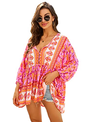 Women Boho V-Neck 3/4 Sleeves Tunic Top Relaxed Fit Casual Print Blouse