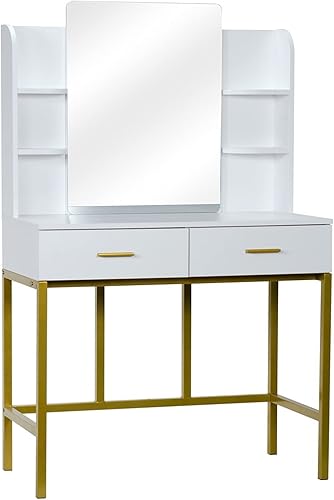 MISS Z 90 x 45 x 78-1435Dressers FCH Espejo de escritorio con estante 2 cajones con marco de acero para tocador color blanco