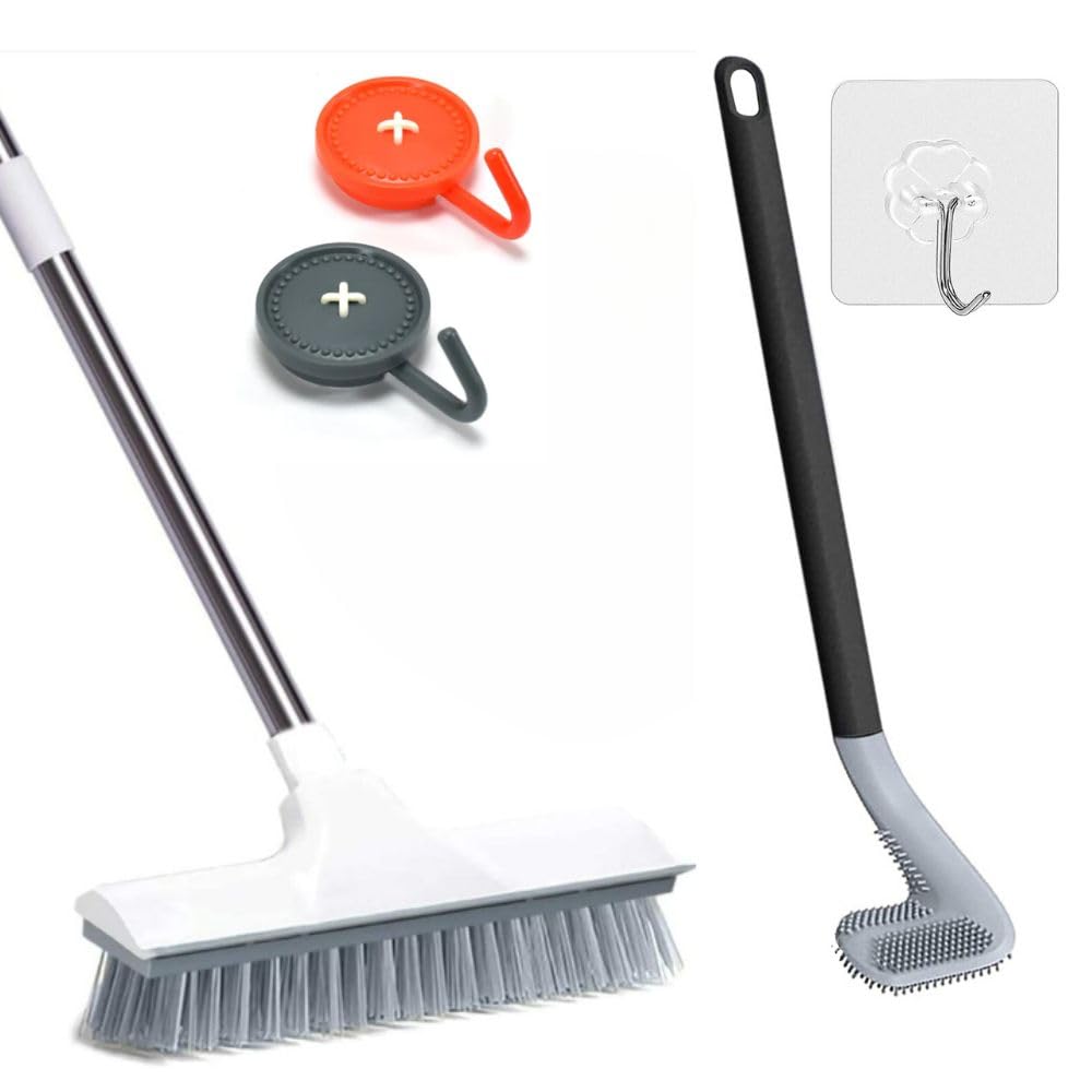 4 in 1 (Premium) Bathroom Combo: Bathroom Cleaning Brush Wiper 2 in 1 Tile Cleaning Brush Floor Scrub with Holder, Silicone Toilet Cleaner & Hook for Home Bathroom Toilet Cleaning Brush (Pack of 4)