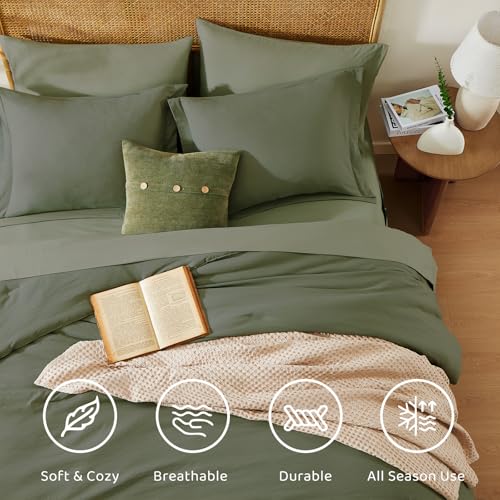 Image of Super King Plus Size Comforter Set- 7 Pieces Bed in a Bag King Bedding Sets | Prewashed All Season Comforter with Sheets, Pillow Shams & Pillowcases,Olive Green