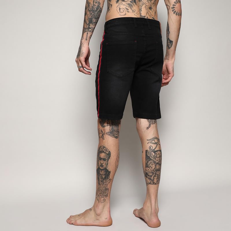 Image of CAHOOT Men's Side-Striped Denim Shorts for Casual Wear | Dark-Wash | Regular Fit | Button Closure | Denim Shorts Crafted with Comfort Fit for Everyday Wear
