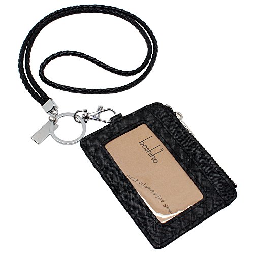 Boshiho Saffiano Leather Badge Holder ID Card Holder Coin Change Purse with Keychain Lanyard (Black with Keychain)