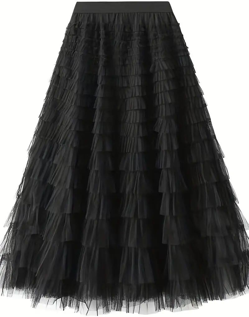 Womens One Size Skirt Mesh Layered Hem Fluffy Multilayer Tiered Puffy Ruffles Tulle (Midi Pink)