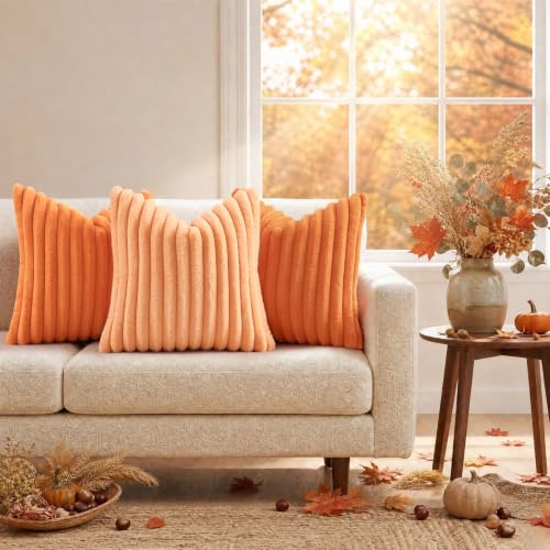 Image of decorUhome Fall Faux Fur Throw Pillow Covers 20x20 Set of 2 Pumpkin Orange