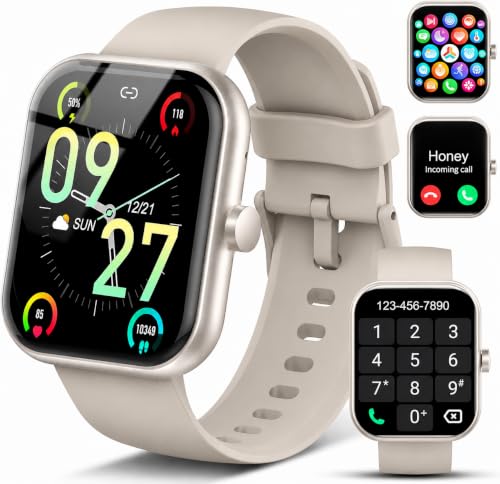 Image of Smart Watch for Men Women (Answer /Make Call), 1.83 inch HD Touchscreen Fitness Tracker, 110+ Sport Modes, Fitness Watch with Heart Rate /Sleep Monitor /Step, Waterproof Smartwatch for Android,Silver Beige