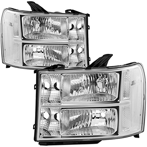 Reinko Headlight Assembly Compatible with 2007-2013 GMC Sierra 1500/2007-2014 Sierra 2500HD 3500HD OE Factory Style Headlamp Chrome Housing Clear Reflector