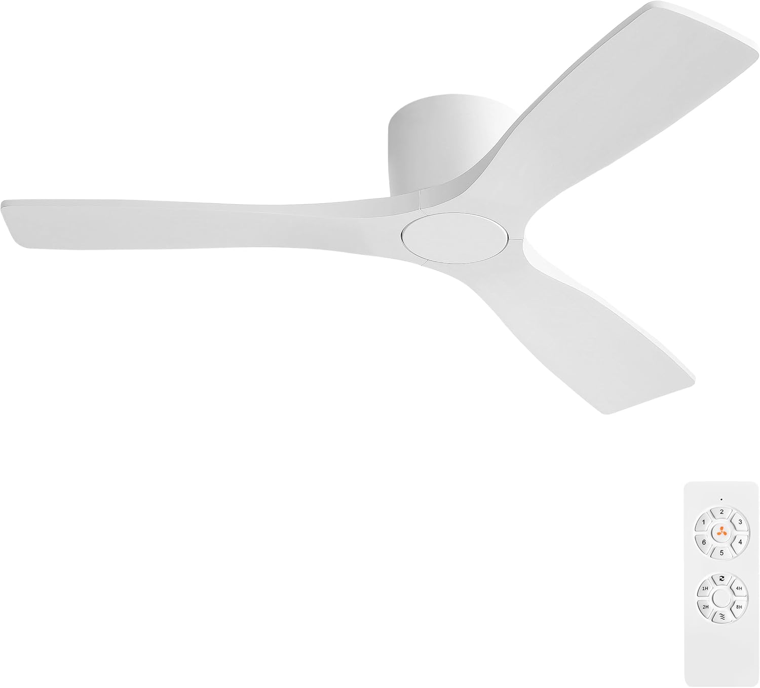 WINGBO 48 Inch Flush Mount DC Ceiling Fan without Lights, 3 Carved Wood Blades, 6-Speed Noiseless Reversible DC Motor, Hugger Ceiling Fan No Lights in Gloss White Finish, ETL Listed