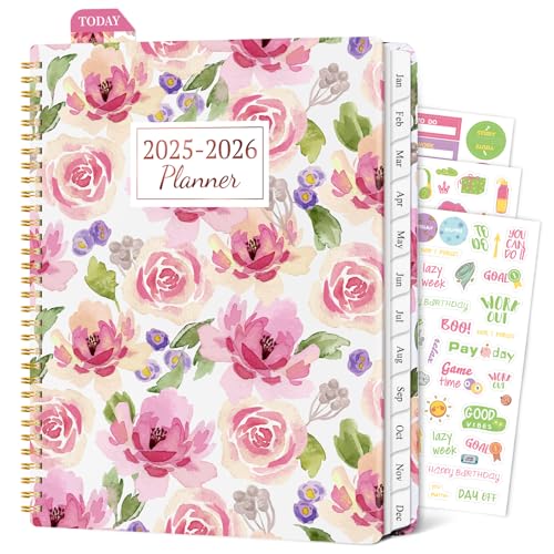 2025-2026 Planner Weekly and Monthly from July 2025 - June 2026, 8.5" x 11" Large Academic Planner with Tabs for Women, Spiral Hardcover Agenda Notebook for School & Office Schedule, Pink Flower