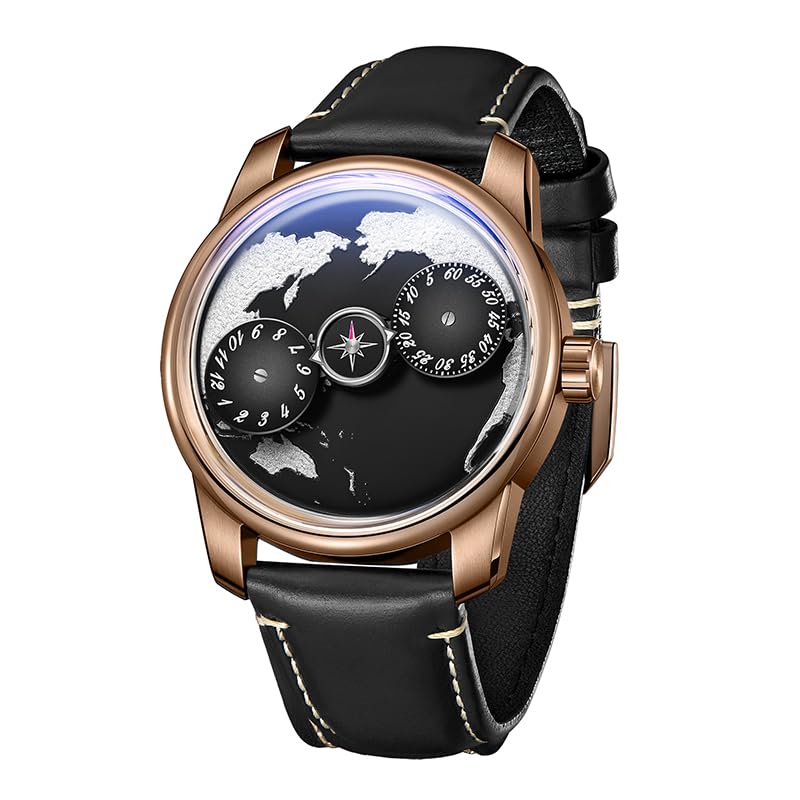 OBLVLO Original Designer Mens Earth Dial with Wheels Leather Automatic Watch Stainless Steel Case Blue Nightlight Mechanical Wristwatch JM-Earth