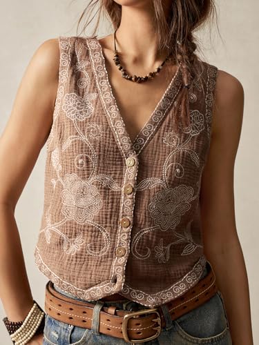 Verdusa Women's Western Outfit Cowgirl Embroidered Vest Tops Button Floral Boho Tank Top3